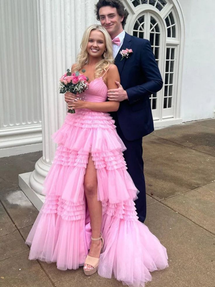 Gorgeous V Neck Layered Pink Tulle Long Prom Dresses with High Slit, Long Pink Tulle Formal Evening Dresses          S6484