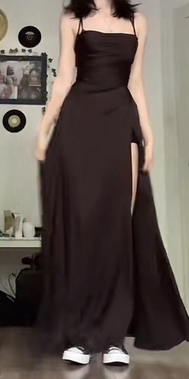 Elegant A Line Straps Floor Length Dark Brown Slit Prom Dresses       S6400