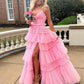 Gorgeous V Neck Layered Pink Tulle Long Prom Dresses with High Slit, Long Pink Tulle Formal Evening Dresses          S6484