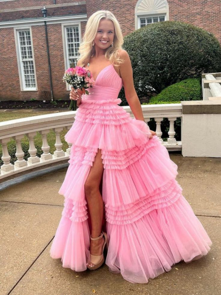 Gorgeous V Neck Layered Pink Tulle Long Prom Dresses with High Slit, Long Pink Tulle Formal Evening Dresses          S6484