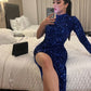 High Neck Royal Blue Sequin Prom Dresses One Shoulder Evening Party Gowns      S6302