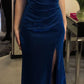 Spaghetti Straps Navy Sheath Sparkly Long Prom Dresses With Slit         S6485