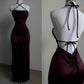 Burgundy Straps Open Back Sheath Satin Long Party Dress         S6241