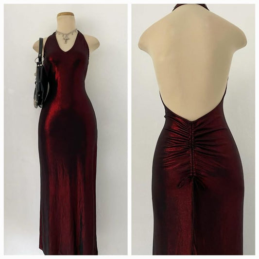 Elegant Burgundy Evening Gown Backless Formal Dresses Halter Prom Dresses         S6469