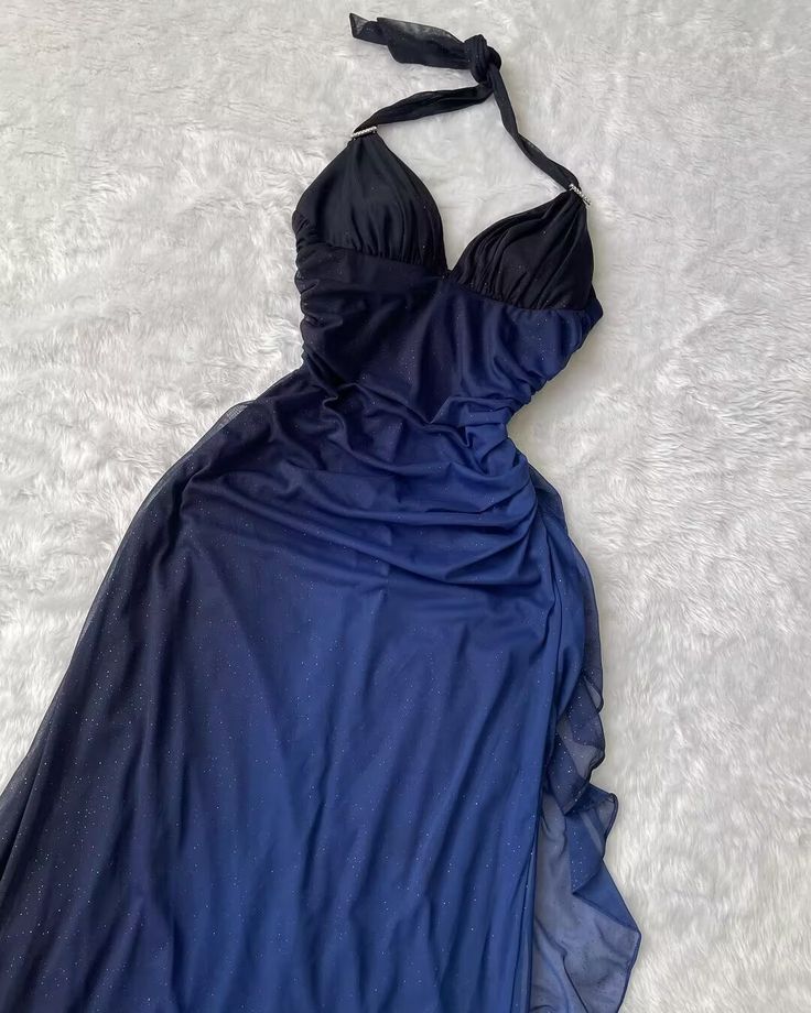 Halter Ombre Navy Blue Long Chiffon Prom Dress        S6477