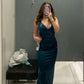 Long Formal Dress Women Teal Satin Sleeveless Evening Dress       S6523