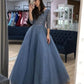 A-line V neck 3/4 Sleeve Elegant Long Prom Dresses Beaded Evening Formal Dress     S6369