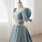 Blue Satin Beaded Long Prom Dress, Blue Short Sleeve Evening Dress    S6357