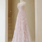 Light Pink Round Neckline Lace Long Prom Dress, A-line Pink Floor Length Party Dress        S6340