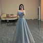 Modest Ball Gown Off The Shoulder Sequin Long Party Dress Gray Prom Dress         S6256
