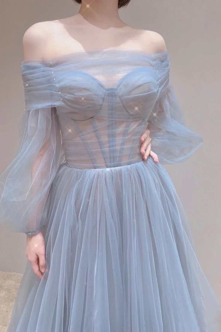 Blue Tulle Long Prom Dress, Beautiful Long Sleeve Tulle Evening Dress        S6283