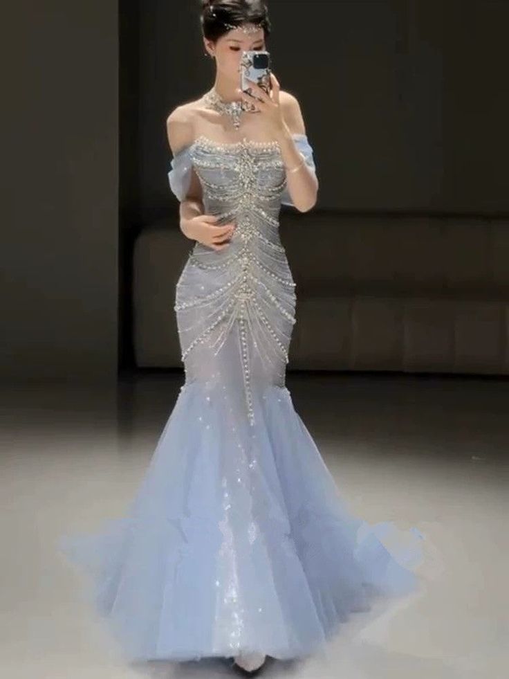 Elegant Mermaid Off The Shoulder Blue Tulle Prom Dresses      S6501