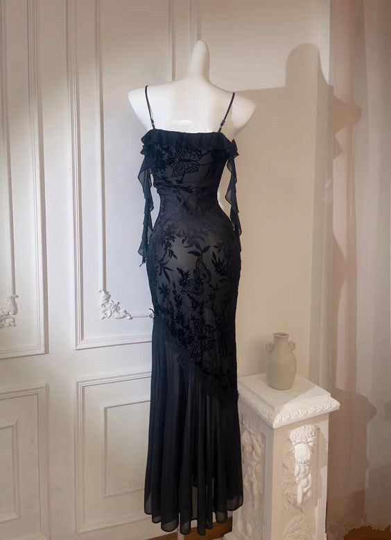 Black Spaghetti Strap Lace Mermaid Sexy Long Evening Dress Prom Dress Party Dress      S6063