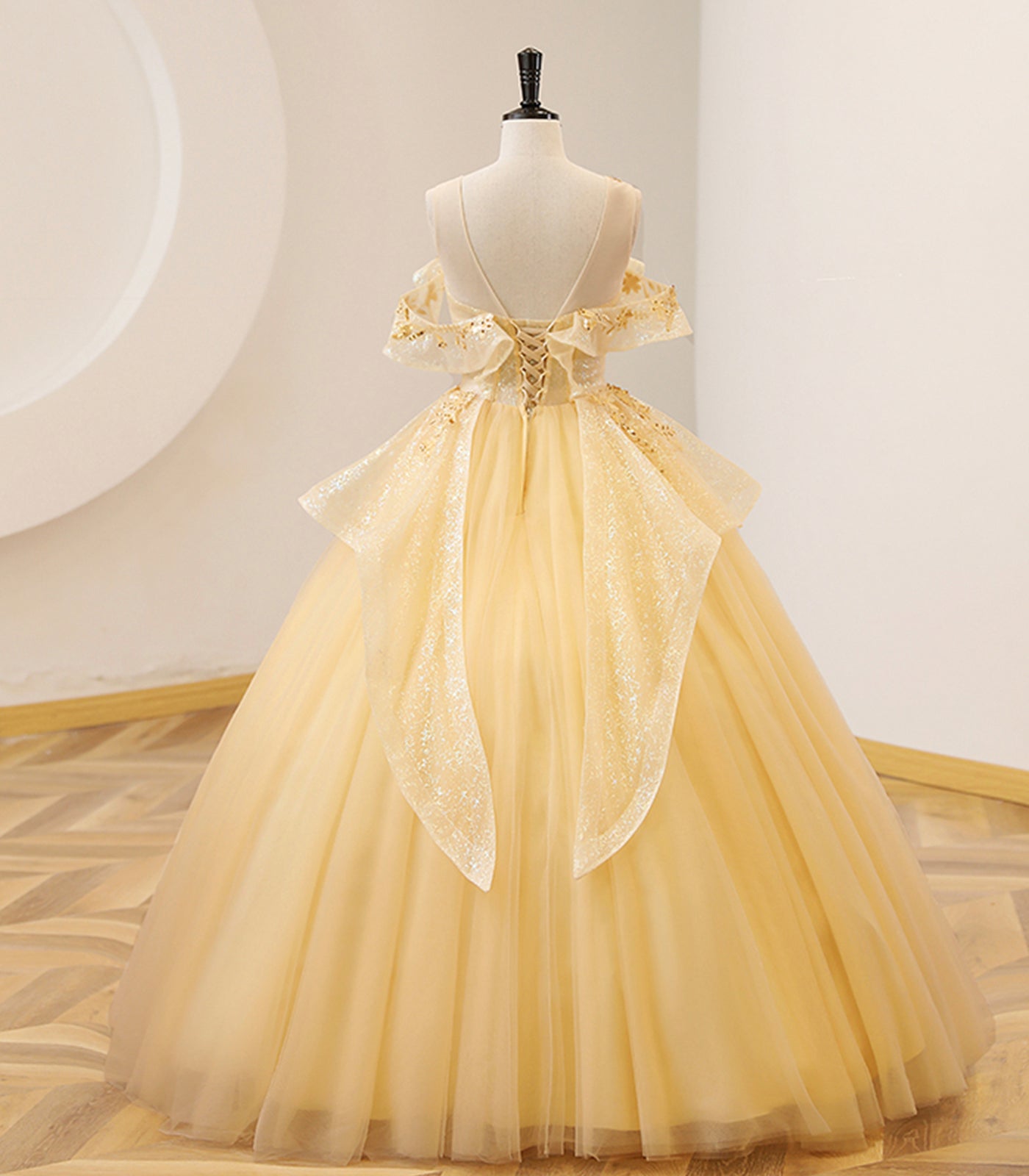 Yellow Ball Gown Beaded Sweet 16 Dress, Yellow Long Prom Dress Formal Dress     S6356