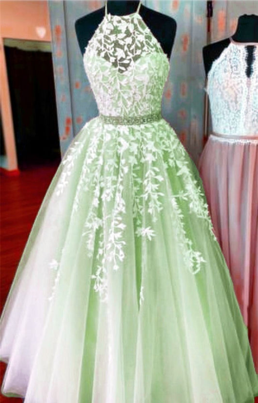 A-line Sleeveless Tulle Prom Dress With Lace Appliques Long Prom Dress Party Dress        S6454