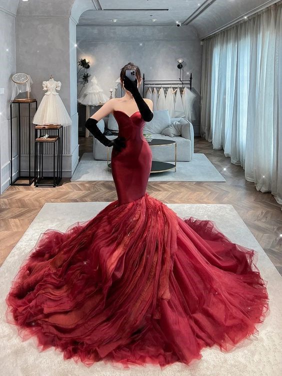 Red Prom Dresses Mermaid Sweetheart Tulle Long Prom Dress      S6407