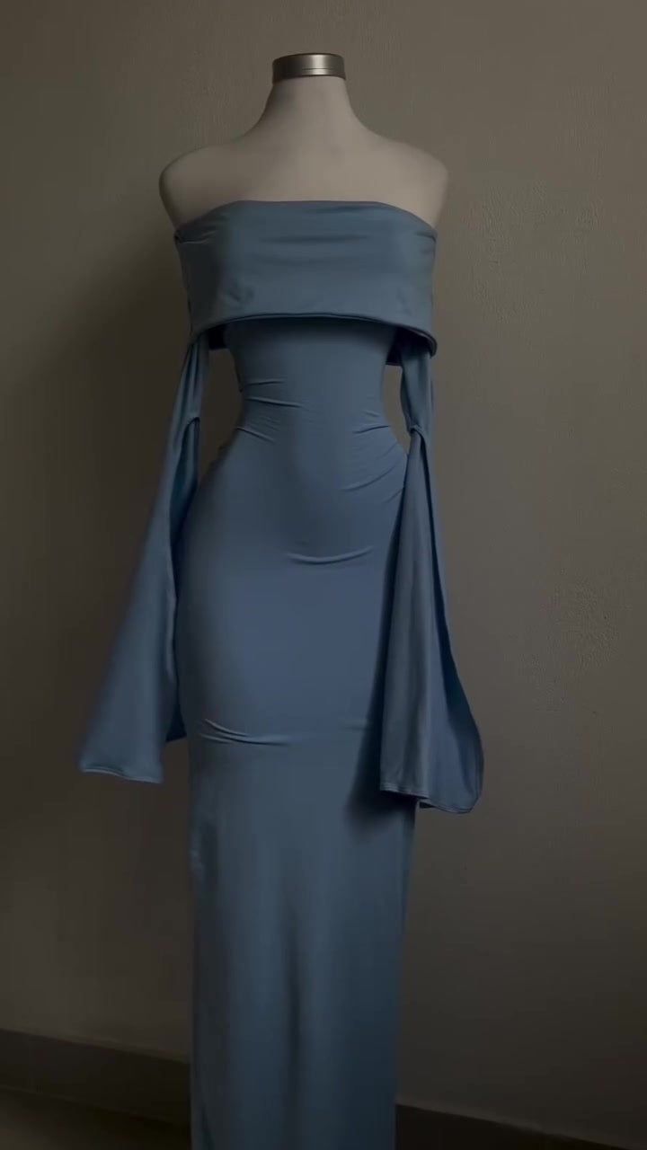 Modest Sheath Strapless Blue Long Sleeves Prom Dress Evening Dresses        S6271