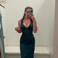 Long Formal Dress Women Teal Satin Sleeveless Evening Dress       S6523