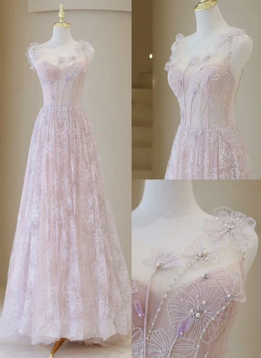 Light Pink Round Neckline Lace Long Prom Dress, A-line Pink Floor Length Party Dress        S6340