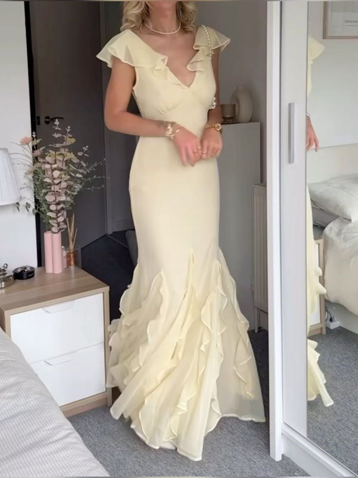 Light Yellow Long Party Dress Chiffon Evening Gown       S6734