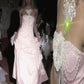 Vintage Pink Strapless Satin Long Prom Dresses Evening Dress With Flowers    S6266