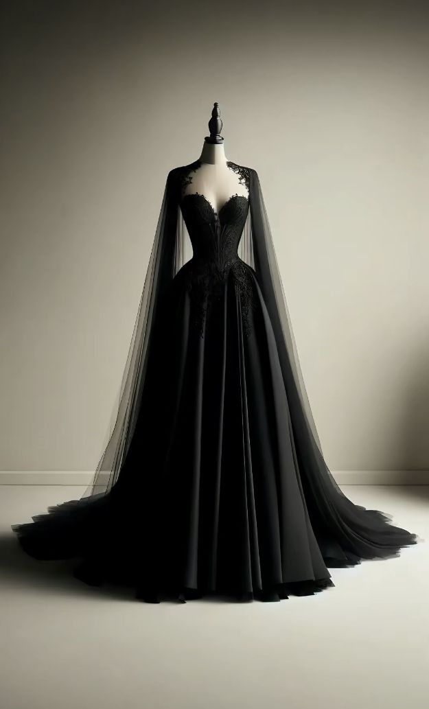 Black Tulle Evening Dress with Cape Sleeves Elegant Women Luxury Formal Party Gowns       S6396