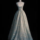 Elegant A Line Square Satin Applique Tulle Long Prom Dress, Evening Dress       S6510