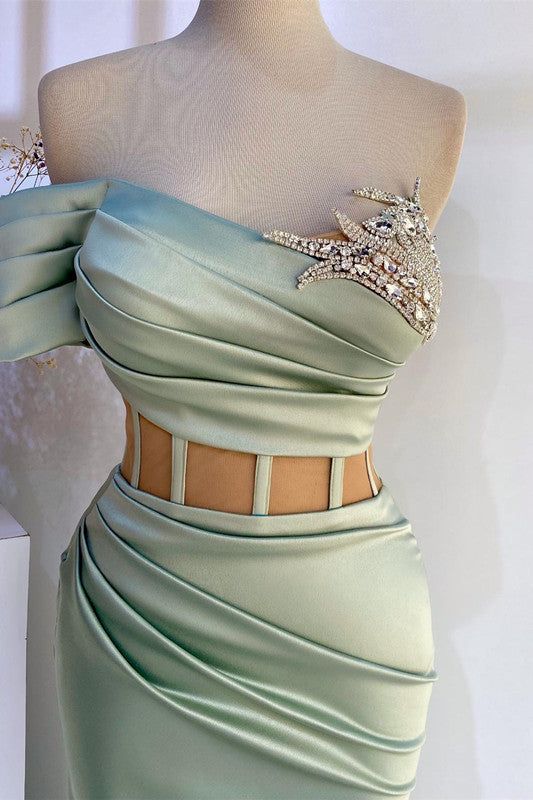 Off-the-Shoulder Mermaid Formal Dresses in Dusty Sage with Beads       S5998