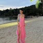 Sexy A line Halter Ruffles Floor Length Chiffon Pink Slit Prom Dress           S6172