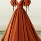 Satin Short Sleeves Long Party Dress, V-neckline Prom Dress Long Evening Dress       S6516