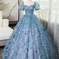 Blue Short Sleeves Long Party Dress With Butterfly Lace, Blue Prom Dress      S6261