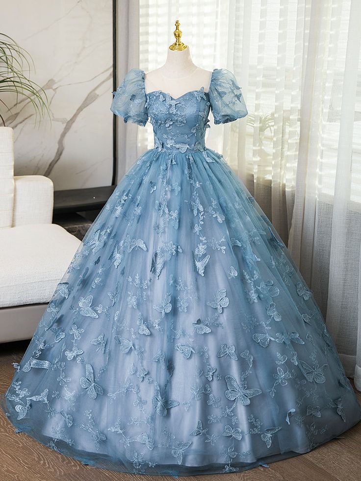 Blue Short Sleeves Long Party Dress With Butterfly Lace, Blue Prom Dress      S6261