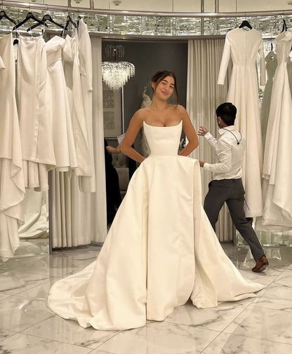 A-Line Satin Strapless Wedding Dress Elegant Long Wedding Party Dress     S6587