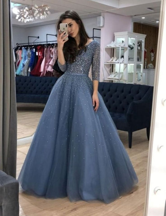 A-line V neck 3/4 Sleeve Elegant Long Prom Dresses Beaded Evening Formal Dress     S6369