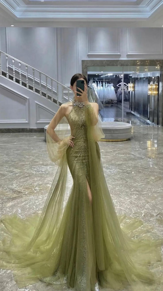 Green Tulle Evening Dress,Long Prom Dress,Elegant Prom Gown       S5856