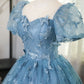 Blue Short Sleeves Long Party Dress With Butterfly Lace, Blue Prom Dress      S6261