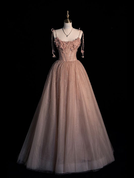 Elegant A Line Pink Tulle Long Prom Dress, Evening Dress       S6511