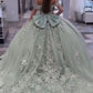 Green Elegant Off Shoulder Ball Gown Quinceanera Dress Tulle with Appliques      S5926