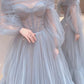 Blue Tulle Long Prom Dress, Beautiful Long Sleeve Tulle Evening Dress        S6283