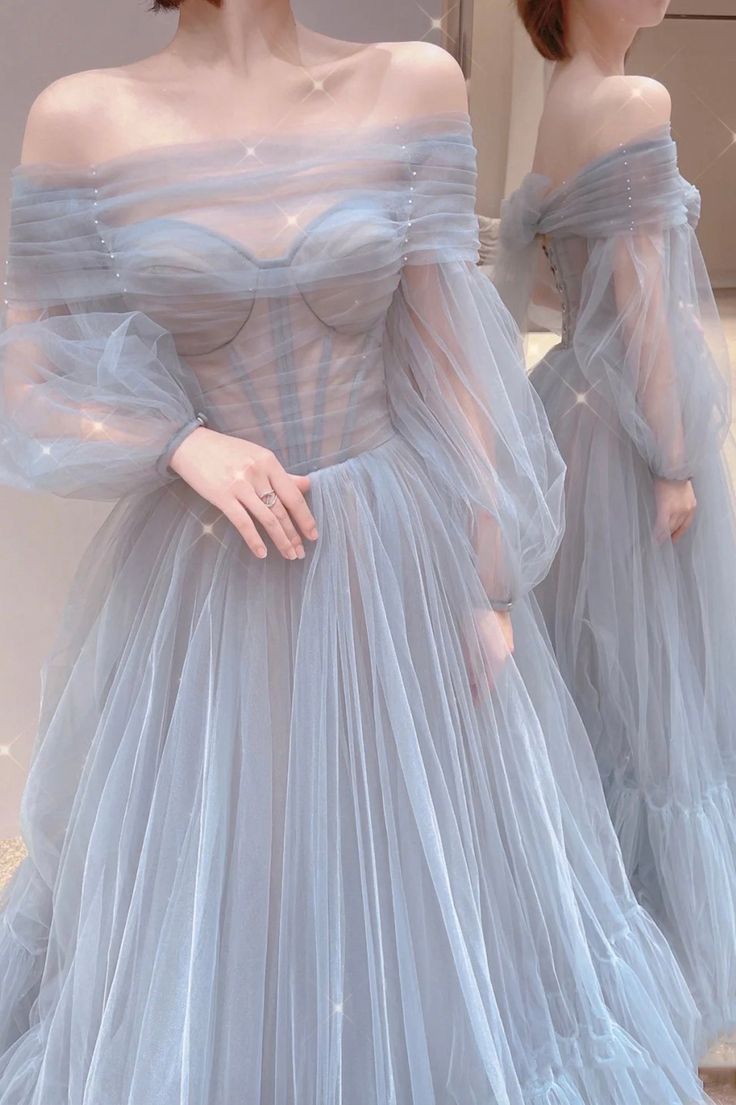 Blue Tulle Long Prom Dress, Beautiful Long Sleeve Tulle Evening Dress        S6283