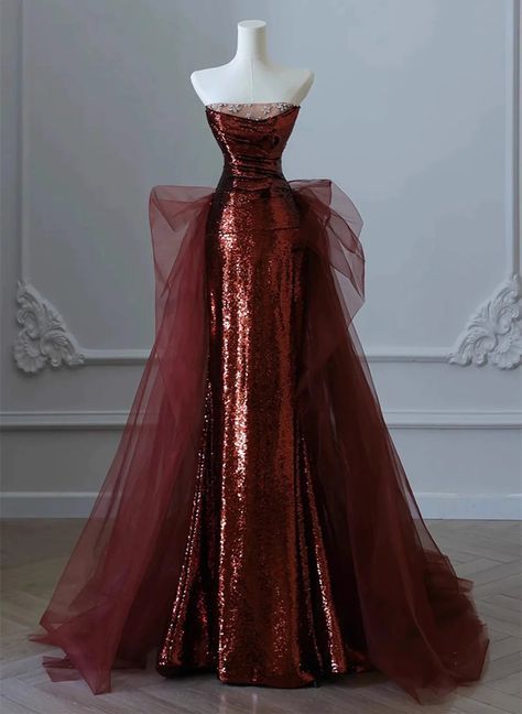 Glam Wine Red Sequins And Tulle Long Party Dress, Wine Red Evening Dress Prom Dress    S6443