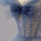 A-Line Off Shoulder Layers Tulle Long Evening Dress, Blue Formal Dress      S6342