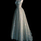 Elegant A Line Square Satin Applique Tulle Long Prom Dress, Evening Dress       S6510