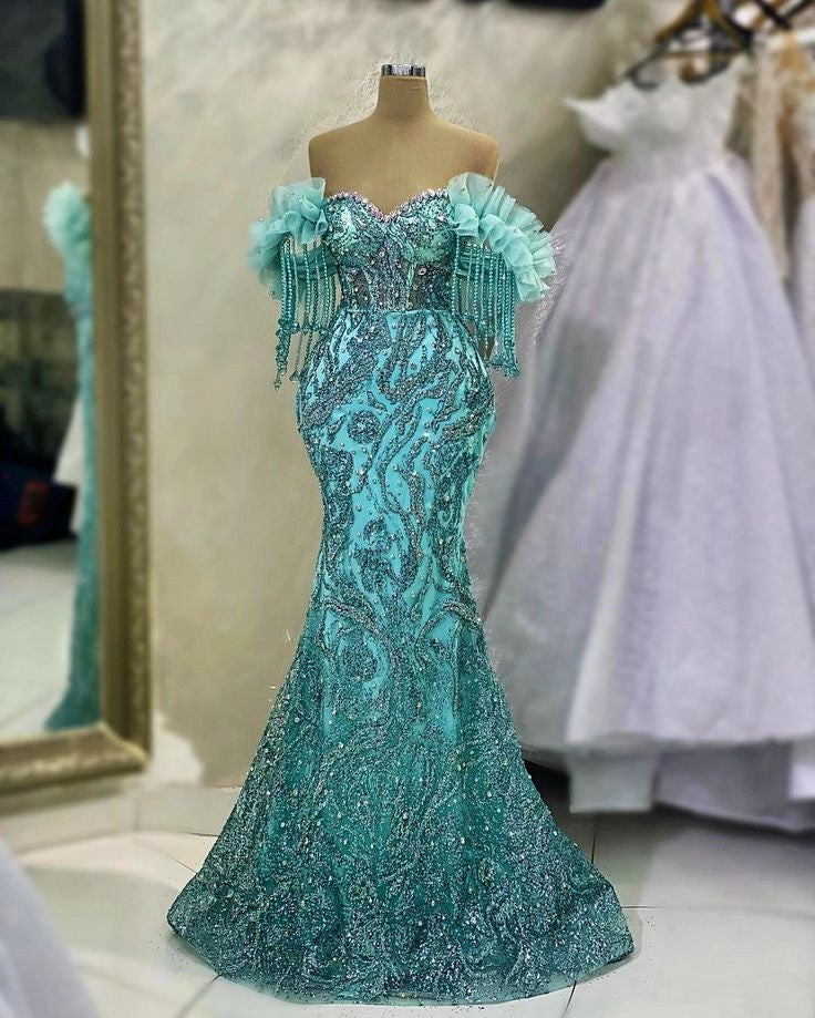 Luxury Prom Dress Mint Green Cocktail Dress Mermaid Off Shoulder Crystal Tassels Evening Dress         S6238