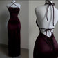 Elegant Sheath Halter Sleeveless Burgundy Satin Backless Prom Dresses Long Evening Dress          S6232