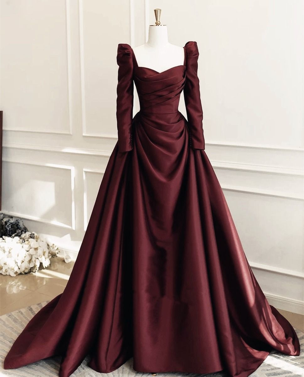 A line Long Sleeves Satin Long Prom Dress       S6507