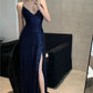 Spaghetti Straps Navy Blue Sequin Prom Dress Slit Evening Dress         S6258