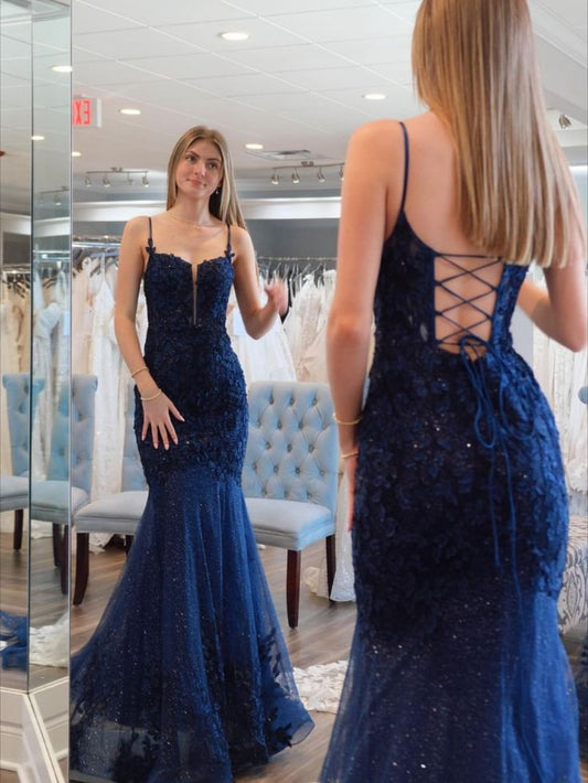 Mermaid Navy Blue Sequins Long Prom Dress with Appliques        S6221