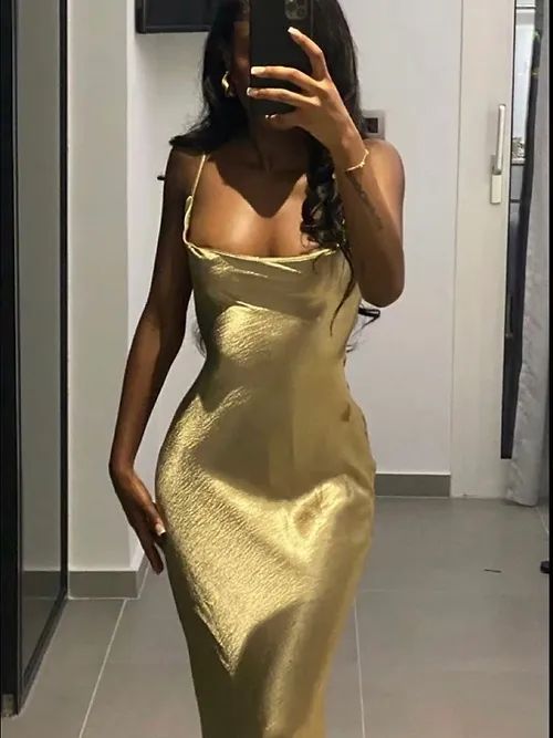 Elegant Mermaid Straps Gold Maxi Dress 21th Birthday Outfits       S6070
