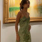 Green Vintage Printed Satin Midi Length Party Dress       S6197